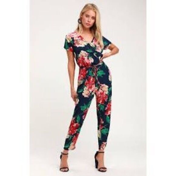 Lulus Size M Floral Surplice Jumpsuit Navy Blue Red Flower Tropical Tie Waist - Picture 1 of 12